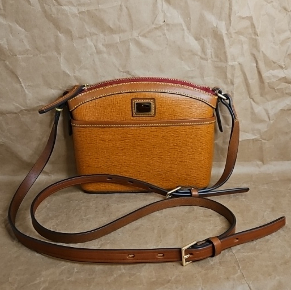 Dooney And Bourke Camden Saffiano Domed Crossbody Caramel Leather